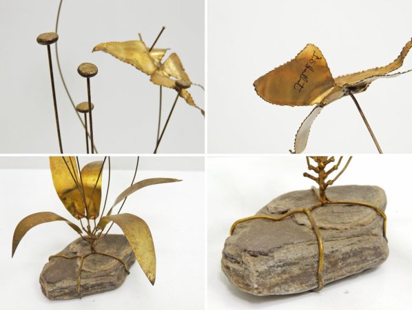 USビンテージ 真鍮 × 石 オブジェ 蝶 植物 ミッドセンチュリー ●