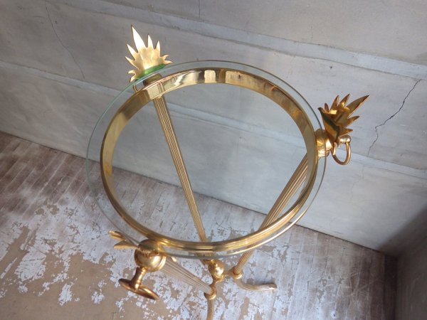 ヨーロピアンクラシカル ガラストップ ゴールドフレームレッグ 花台 コンソールテーブル サイドテーブル ♪