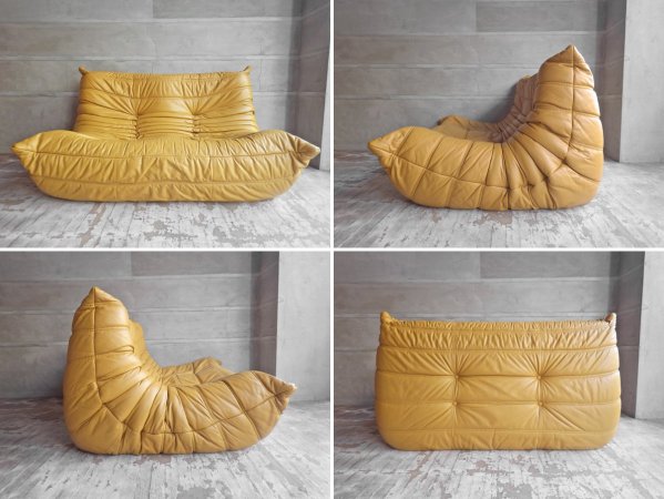 リーンロゼ ligne roset トーゴ TOGO 2人掛け ソファ ミッシェル デュカロワ Michel Ducaroy マスタード 本革 レザー 定価：45.1万円～ ♪