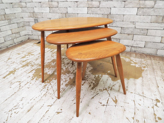 アーコール Ercol ネストテーブル Nest Of Tables エルム材 ペブルテーブル トリオテーブル 入れ子式 美品 ●