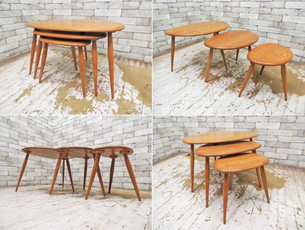 アーコール Ercol ネストテーブル Nest Of Tables エルム材 ペブルテーブル トリオテーブル 入れ子式 美品 ●