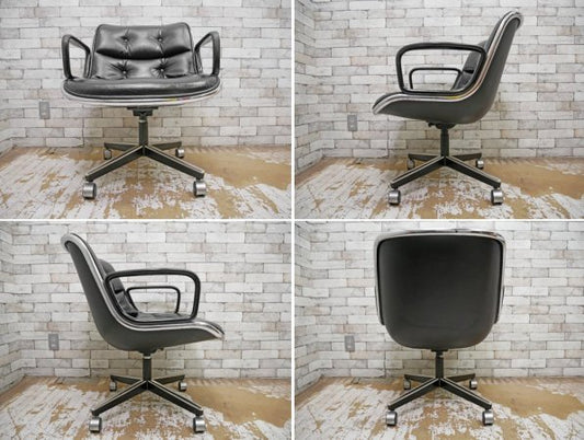 ノル Knoll ポロックチェア Pollock Chair アーム & レザーシート キャスターベース 本革 ブラック デスクチェア ミッドセンチュリー ●