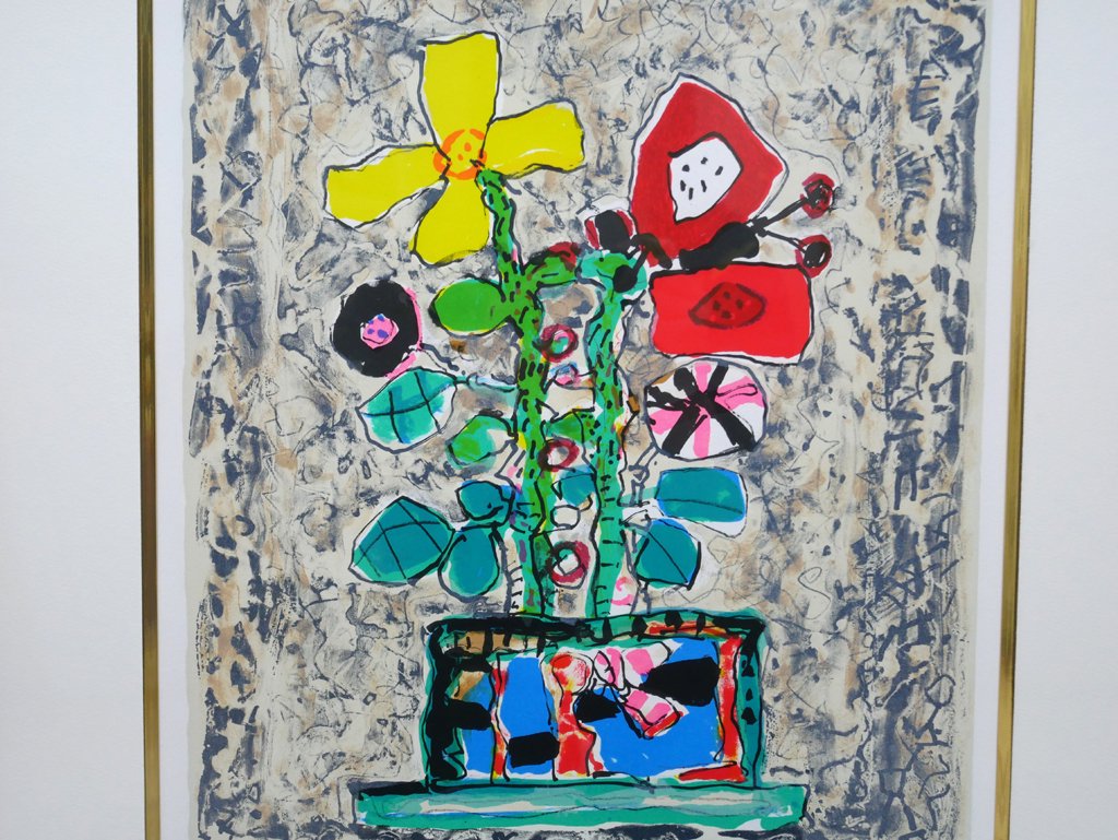 ポール・アイズピリ Paul Aizpiri グレーの背景の黄色と赤の花束 リトグラフ 額装品 ●