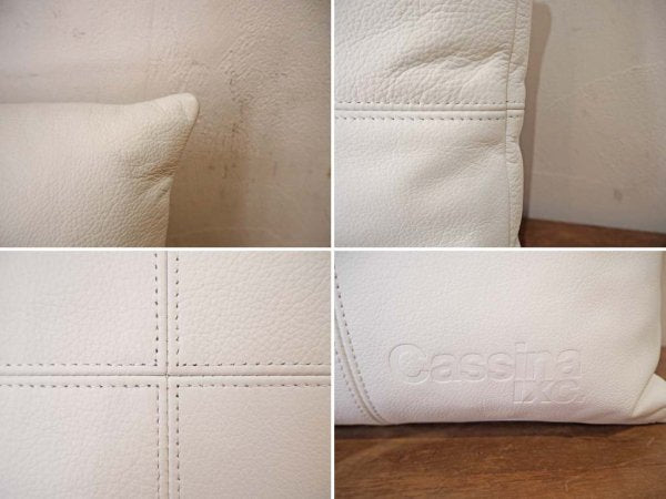 カッシーナ イクスシー Cassina ixc. カーフレザー クロスステッチ ロゴ有 ホワイトクッション 2個セット 牛革×フェザー 美品 ★