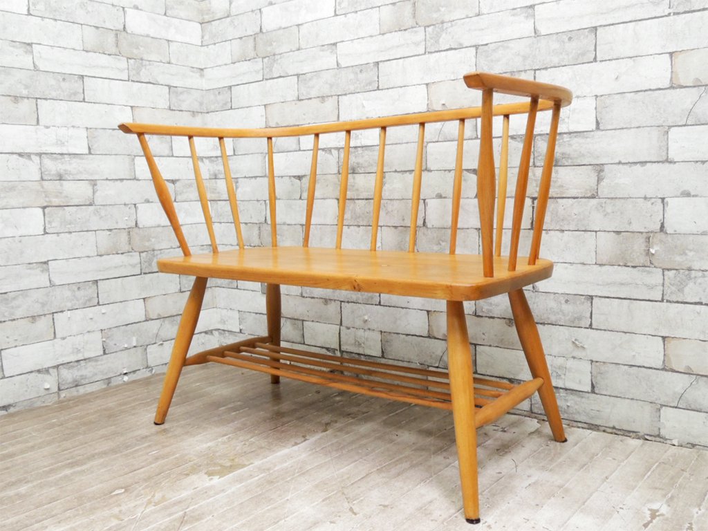 アーコール Ercol ビンテージ ベンチ リメイク エルム材 英国家具 ●