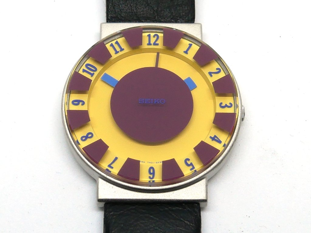 セイコー SEIKO ソットサス コレクション 7N01-6H30 イエロー 1994年発売 オリジナルモデル 箱付 Sottsass 腕時計 2層ガラス 3針モデル ポストモダン メンフィス ●