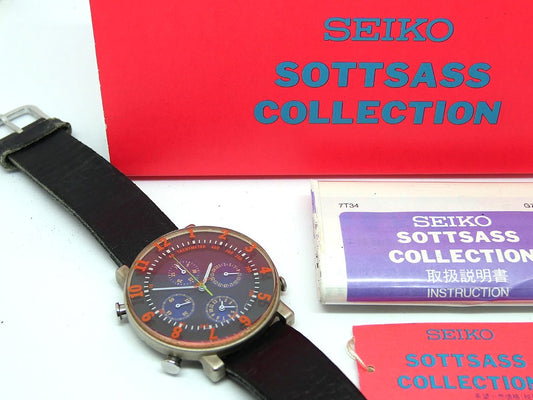 セイコー SEIKO ソットサス コレクション 7T34-6A30 オレンジ 1993年発売 オリジナルモデル 箱説付 Sottsass 3層ガラス クロノグラフアラーム 新品ベルト付 ●