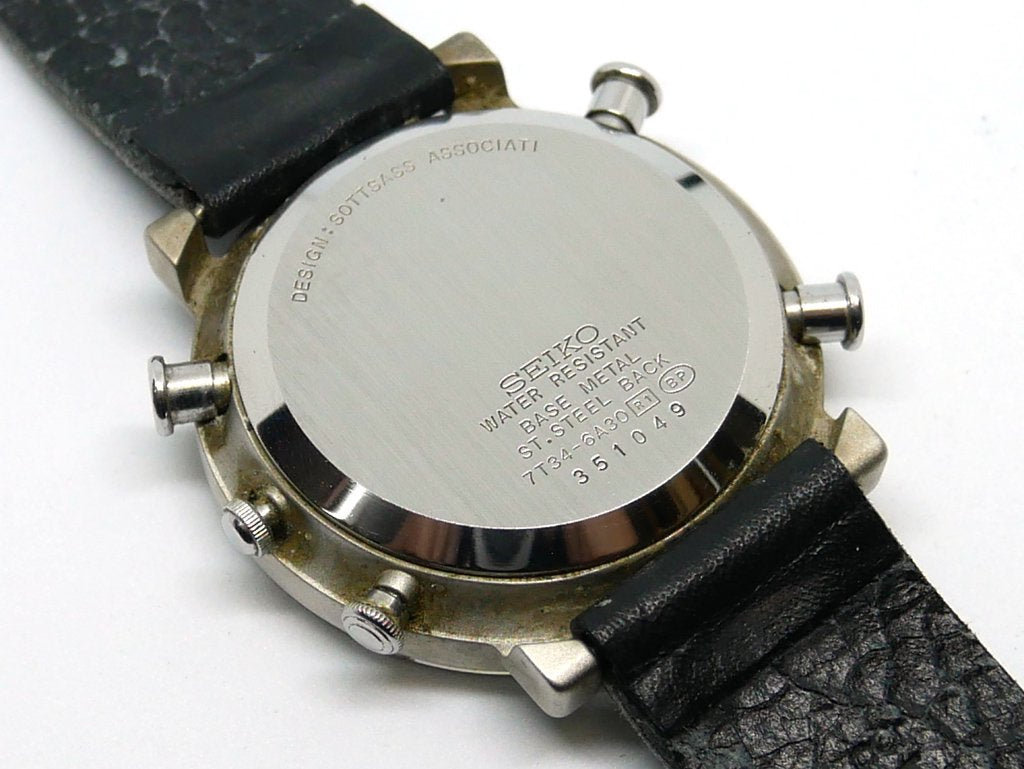 セイコー SEIKO ソットサス コレクション 7T34-6A30 オレンジ 1993年発売 オリジナルモデル 箱説付 Sottsass 3層ガラス クロノグラフアラーム 新品ベルト付 ●