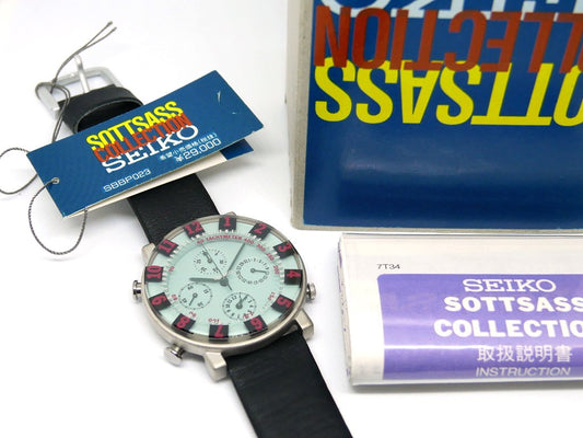 セイコー SEIKO ソットサス コレクション 7T34-6A70 サックスブルー 1993年発売 オリジナルモデル 箱説付 Sottsass 3層ガラス クロノグラフアラーム 新品ベルト付 ●