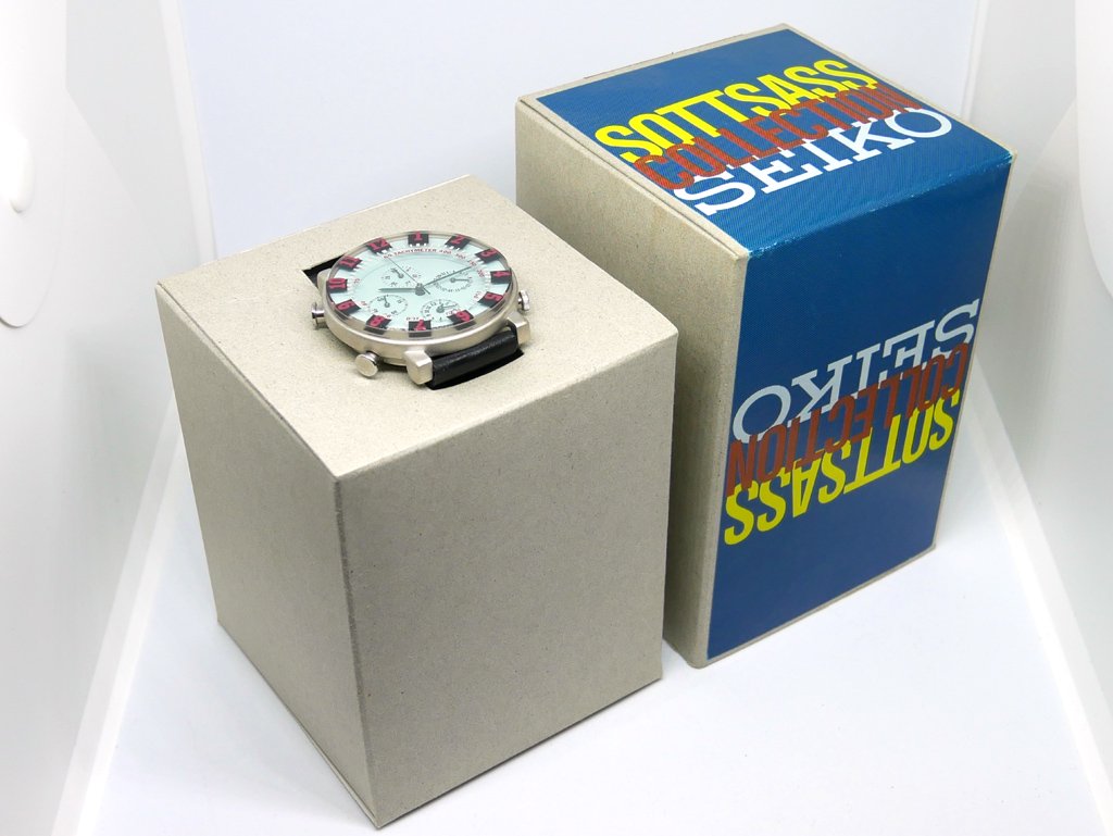 セイコー SEIKO ソットサス コレクション 7T34-6A70 サックスブルー 1993年発売 オリジナルモデル 箱説付 Sottsass 3層ガラス クロノグラフアラーム 新品ベルト付 ●