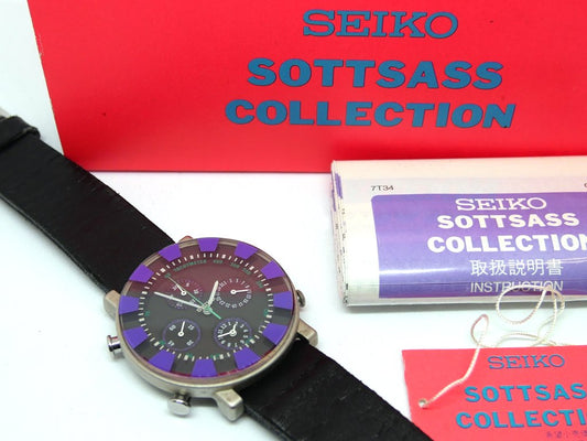 セイコー SEIKO ソットサス コレクション 7T34-6A50 パープル 1993年発売 オリジナルモデル 箱説付 Sottsass 3層ガラス クロノグラフアラーム 新品ベルト付 ●