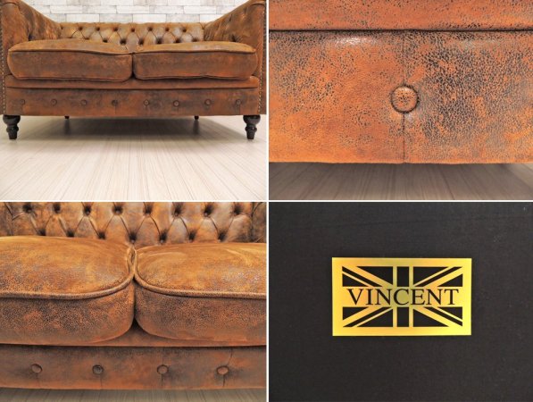 ヴィンセント VINCENT チェスターフィールドソファ 2P バックスキン風 UK ビンテージスタイル 参考価格54,800円 ●