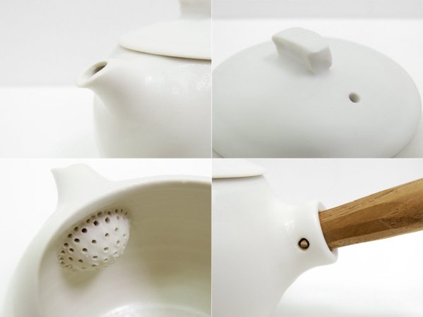 馬場勝文 白磁マット 急須 白 丸型 取手付 チーク材 陶器 現代作家 ●