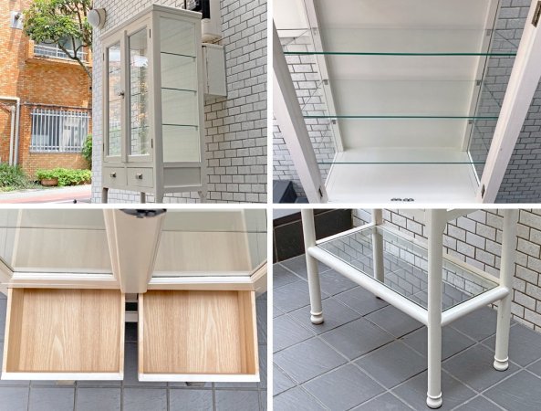 アンティーク調 木製ドクターキャビネット ケビント ホワイトペイント 医療棚 ガラス棚 ディスプレイケース 店舗什器 ■