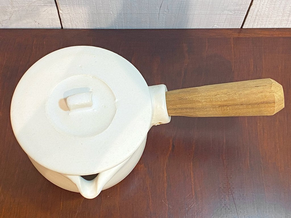 馬場勝文 ミルクパン 白磁マット チーク材取っ手 蓋付き 陶器 ■