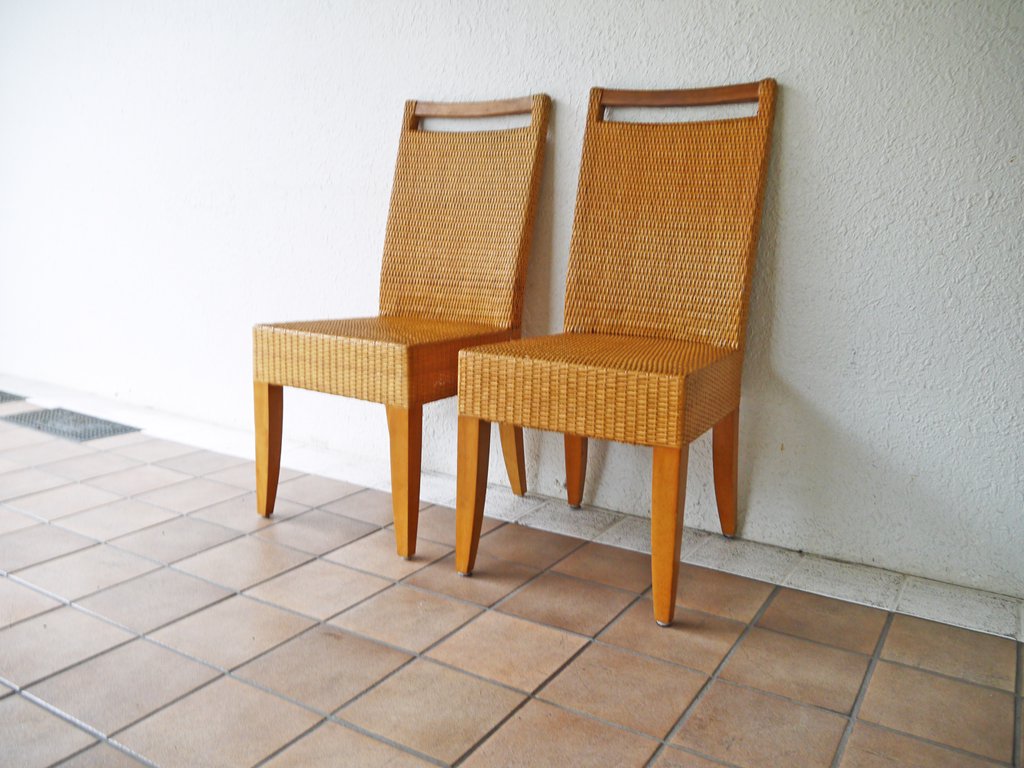 ビンテージ vintage バンブー 竹製 ダイニングチェア ハンドル付き 2脚セット 組木 編み込み 竹細工 アジアンテイスト ◇