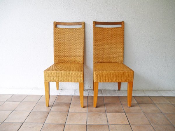 ビンテージ vintage バンブー 竹製 ダイニングチェア ハンドル付き 2脚セット 組木 編み込み 竹細工 アジアンテイスト ◇