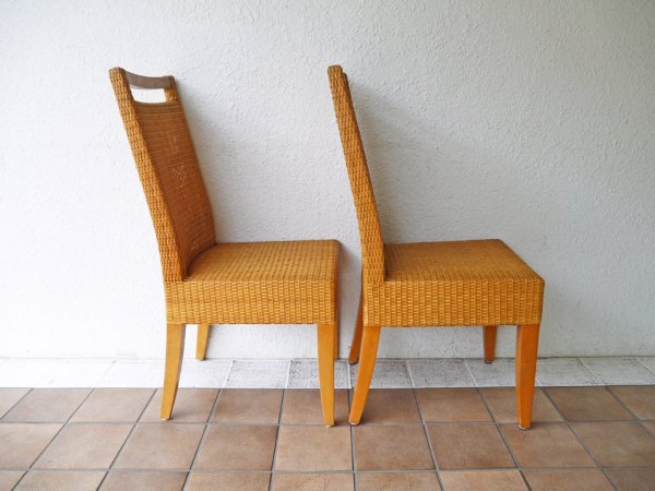 ビンテージ vintage バンブー 竹製 ダイニングチェア ハンドル付き 2脚セット 組木 編み込み 竹細工 アジアンテイスト ◇