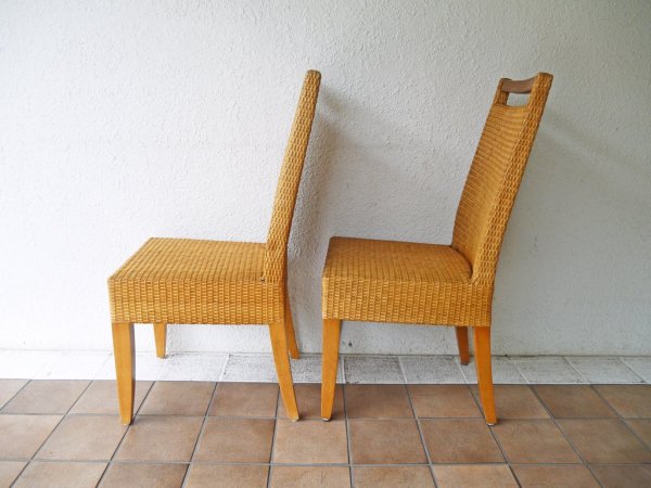 ビンテージ vintage バンブー 竹製 ダイニングチェア ハンドル付き 2脚セット 組木 編み込み 竹細工 アジアンテイスト ◇