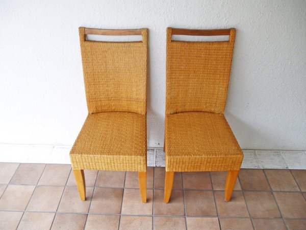 ビンテージ vintage バンブー 竹製 ダイニングチェア ハンドル付き 2脚セット 組木 編み込み 竹細工 アジアンテイスト ◇