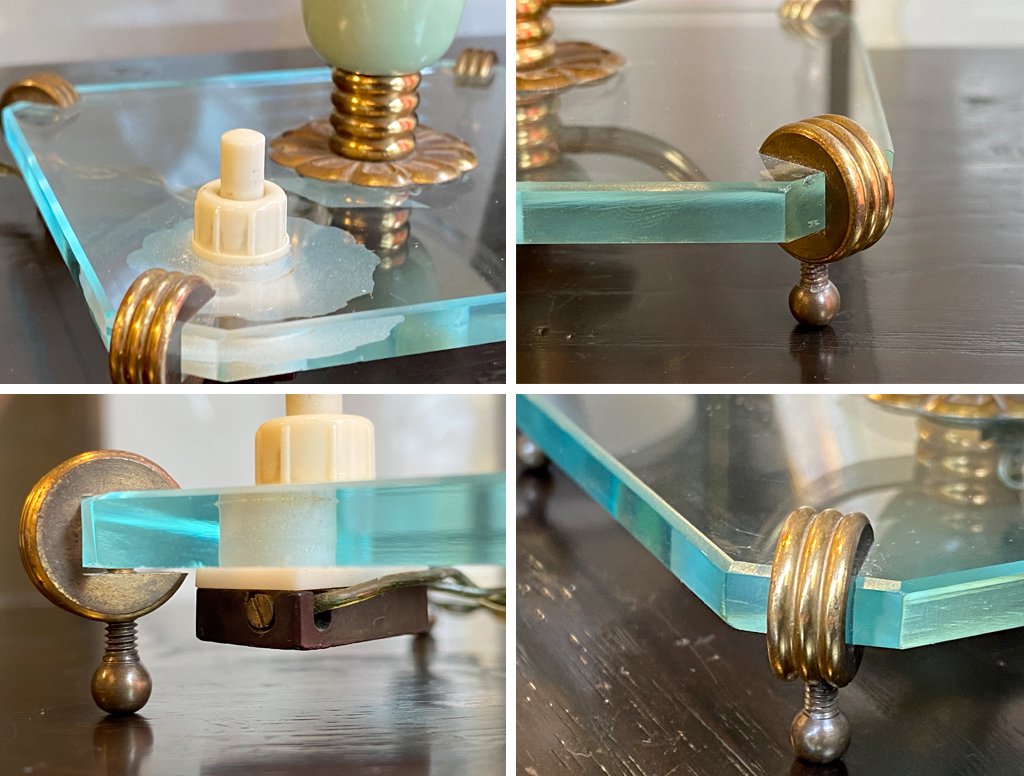 アールデコ アンティーク テーブルランプ ガラスシェード 真鍮 フランス ■