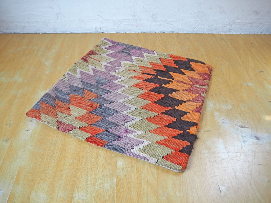 オールドキリム old kilim クッションカバー ウール/コットン 50ｃｍ×50ｃｍ レッド・ベージュベース ノルディック柄 A★