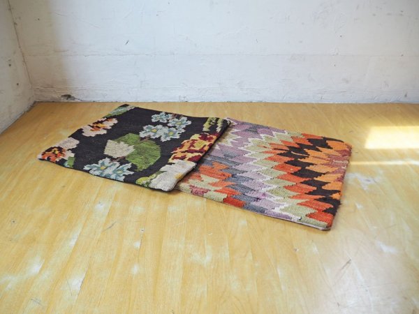 オールドキリム old kilim クッションカバー ウール/コットン 50ｃｍ×50ｃｍ ブラックベース ノルディック柄 ★