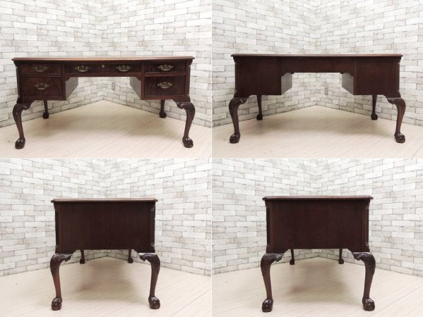 ヘックマン・ファニチャー HEKMAN FURNITURE レザートップ × マホガニー材 ライティングデスク 抽斗4杯 鍵付き 猫脚 USビンテージ チッペンデールスタイル ●