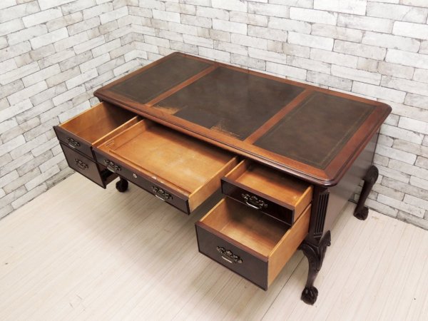 ヘックマン・ファニチャー HEKMAN FURNITURE レザートップ × マホガニー材 ライティングデスク 抽斗4杯 鍵付き 猫脚 USビンテージ チッペンデールスタイル ●