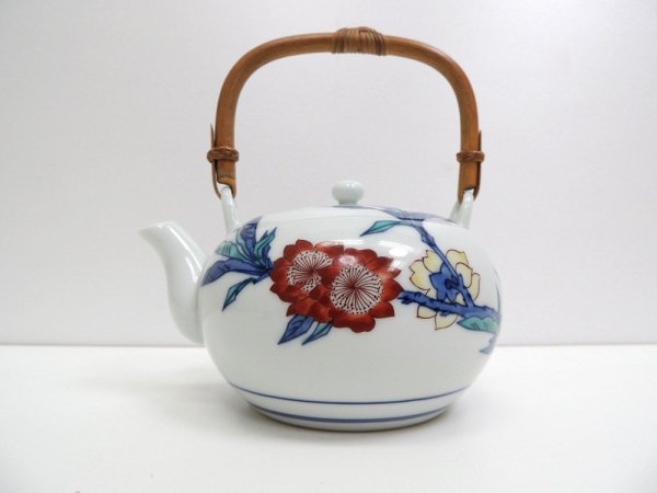 有田焼 今泉今右衛門 色鍋島桃花絵 茶器揃え 土瓶 茶碗 5客 6点セット 人間国宝 ●