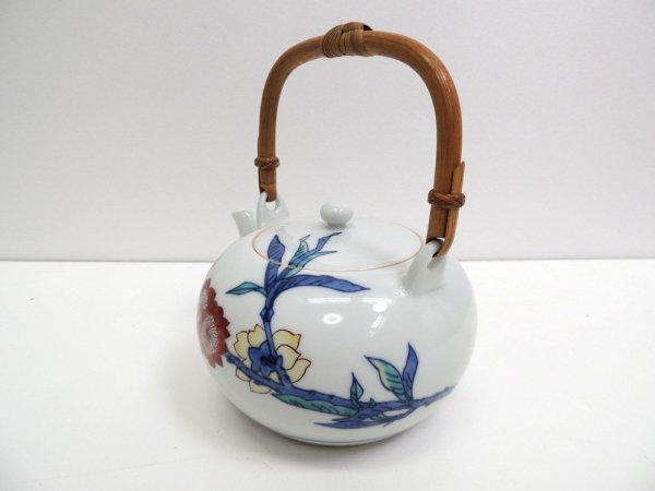 有田焼 今泉今右衛門 色鍋島桃花絵 茶器揃え 土瓶 茶碗 5客 6点セット 人間国宝 ●