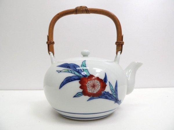 有田焼 今泉今右衛門 色鍋島桃花絵 茶器揃え 土瓶 茶碗 5客 6点セット 人間国宝 ●