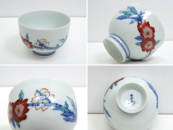 有田焼 今泉今右衛門 色鍋島桃花絵 茶器揃え 土瓶 茶碗 5客 6点セット 人間国宝 ●