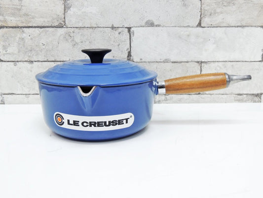 ルクルーゼ LECREUSET ココット 鋳物ホーロー 片手鍋 木製ハンドル ソースパン ブルー 希少カラー 未使用品 ●