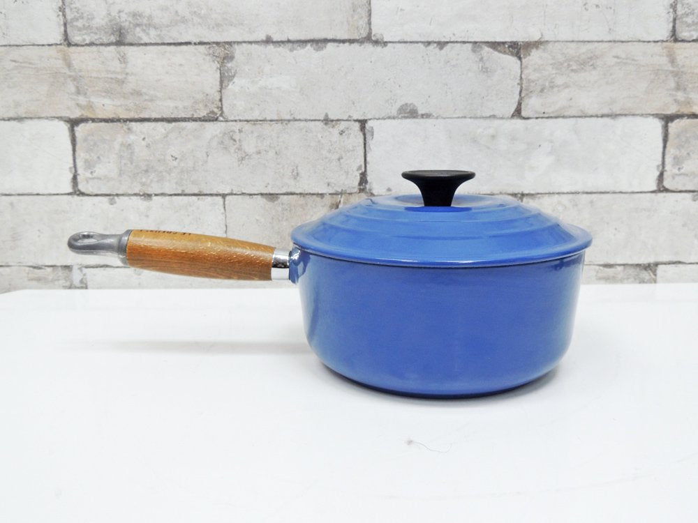 ルクルーゼ LECREUSET ココット 鋳物ホーロー 片手鍋 木製ハンドル ソースパン ブルー 希少カラー 未使用品 ●