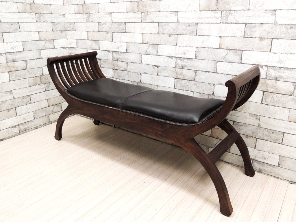 アジアン家具 カルティニチェア ベンチ 2人用 レザー × アジアンチーク ●
