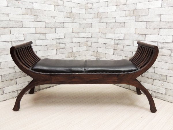 アジアン家具 カルティニチェア ベンチ 2人用 レザー × アジアンチーク ●