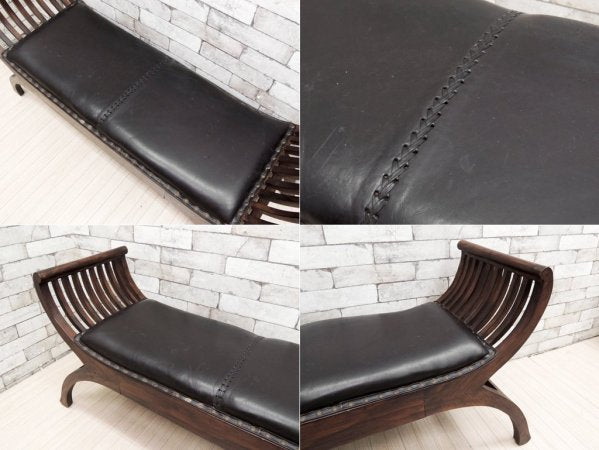 アジアン家具 カルティニチェア ベンチ 2人用 レザー × アジアンチーク ●