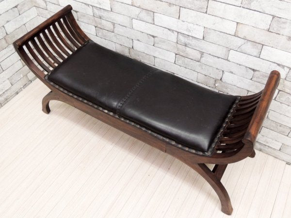 アジアン家具 カルティニチェア ベンチ 2人用 レザー × アジアンチーク ●