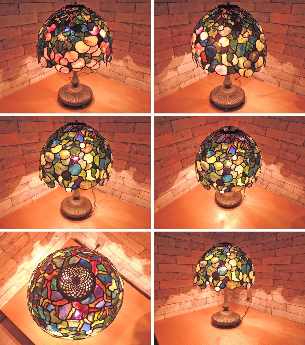 クラシカルスタイル ティファニーランプ テーブルランプ ブロンズ製 3灯 ステンドグラス アンティーク調 アールヌーヴォー ●