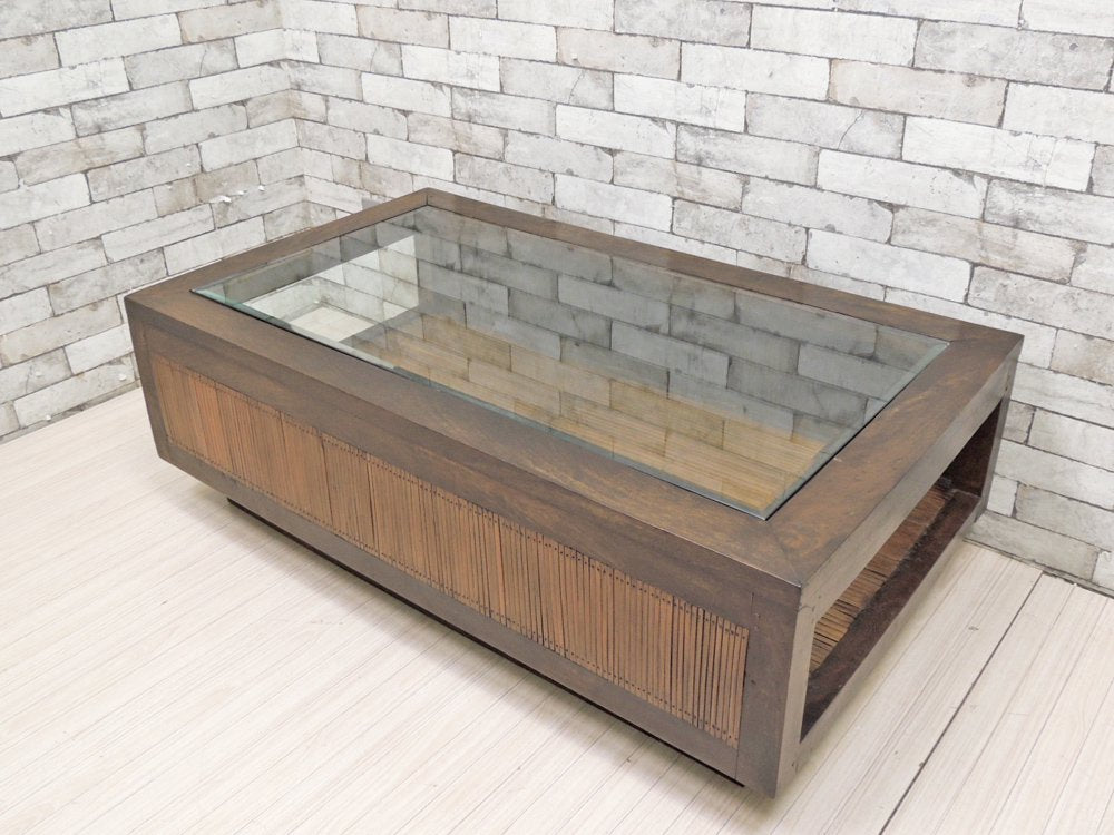 アジアン家具 無垢材xバンブー ガラス天板 ローテーブル センターテーブル W120cm バリ家具 ●