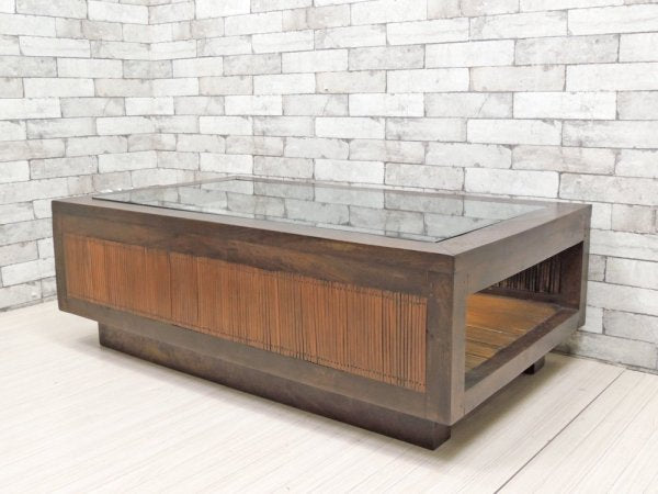 アジアン家具 無垢材xバンブー ガラス天板 ローテーブル センターテーブル W120cm バリ家具 ●