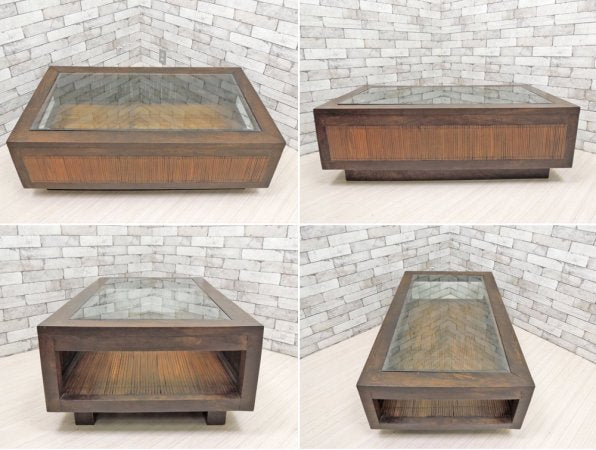 アジアン家具 無垢材xバンブー ガラス天板 ローテーブル センターテーブル W120cm バリ家具 ●