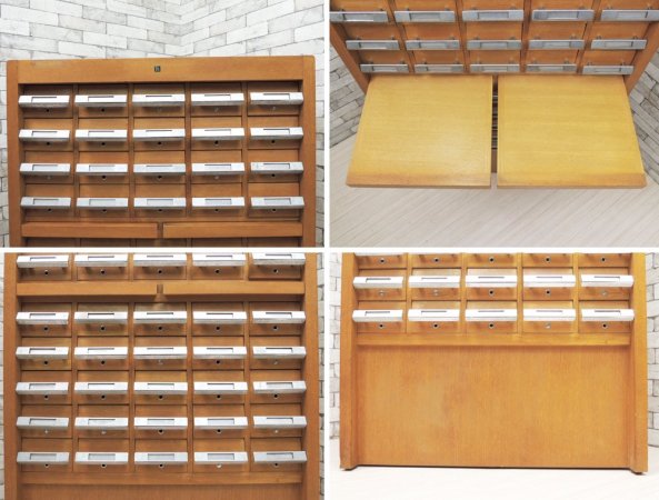 キハラ KIHARA 図書館キャビネット カードケース 抽斗45杯 スライド天板 ネームホルダー付 レトロ 店舗什器 A ●