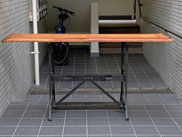 ビンテージ リメイク家具 レザートップ天板 × ミシン脚 コンソールデスク テーブル ■