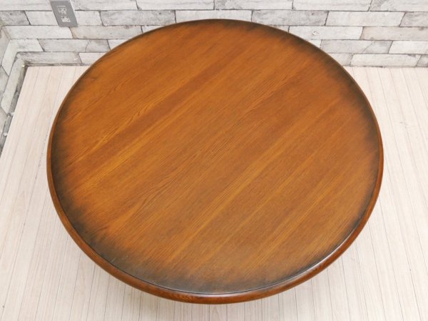 オーク材天板 × イデア IDEA 木製テーブル脚 Wood leg WAL ちゃぶ台 ラウンドローテーブル ダークブラウン リメイク品 ●