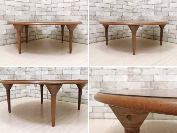 オーク材天板 × イデア IDEA 木製テーブル脚 Wood leg WAL ちゃぶ台 ラウンドローテーブル ダークブラウン リメイク品 ●