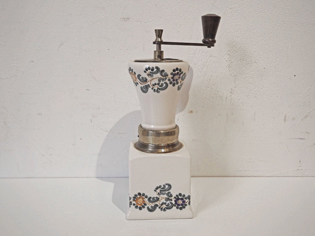イタリア製 made in italy コーヒーミル 陶器 真鍮 木製ハンドル 手挽き 手動式 花柄 ヴィンテージ ★