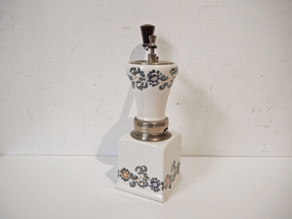 イタリア製 made in italy コーヒーミル 陶器 真鍮 木製ハンドル 手挽き 手動式 花柄 ヴィンテージ ★