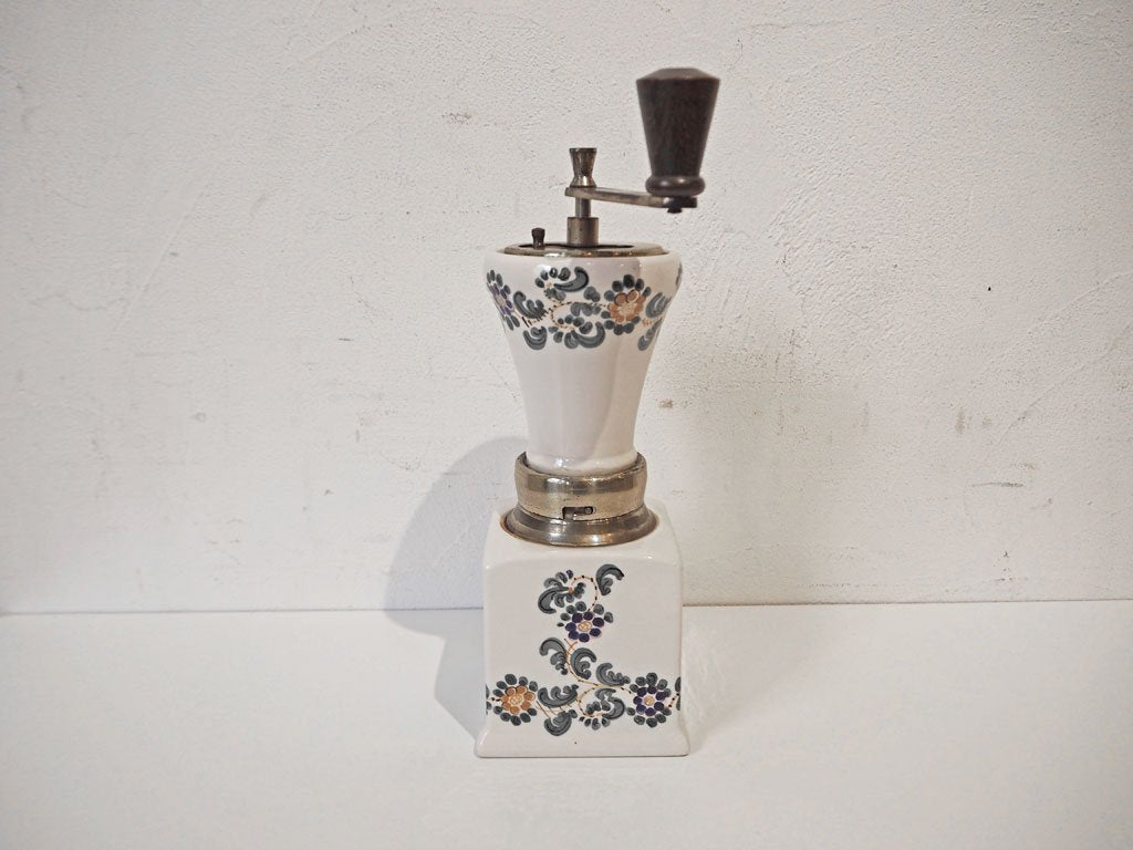 イタリア製 made in italy コーヒーミル 陶器 真鍮 木製ハンドル 手挽き 手動式 花柄 ヴィンテージ ★